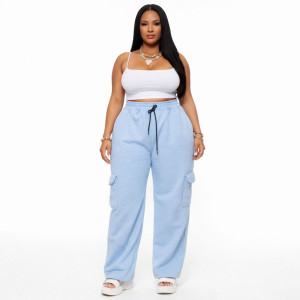 Light Blue Textured Cargo Pants  Drawstring Waist Casual Trousers